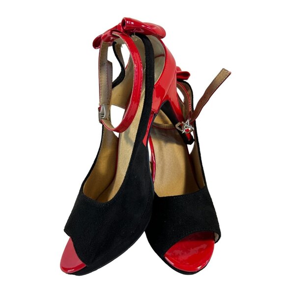 Getmorebeauty Red Patent & Black Suede Heels With Bow Detail - Picture 4 of 9